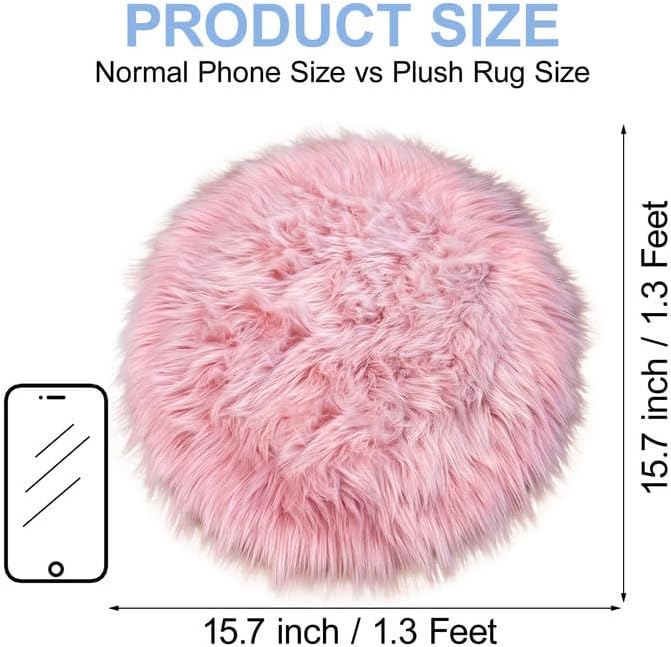 15.7 Inches Mini Pink Round Faux Fur Sheepskin Area Rug, Fluffy Small Circle Rugs Cushion for Chair, Furry Carpet for Nail Desk, Shaggy Circular Rug Plush Rug