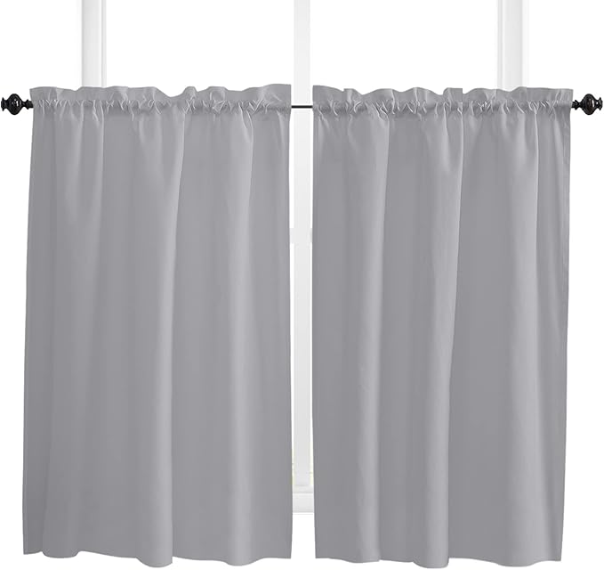 45 Inch Long Tier Curtains for Kitchen, Solid Color Gray Bathroom Window Curtains Rod Pocket Short Curtains Window Treatment Tiers for Living Room Farmhouse 2 Panels