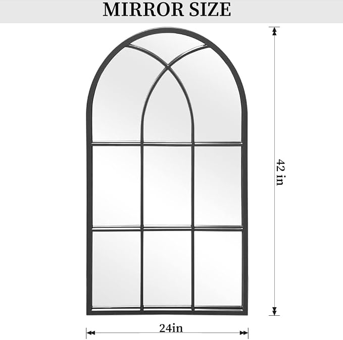 Dewfig Arched Window Wall Mirror, 42"x24", Decorative Mirror, Vanity Mirrors for Bathroom, Bedroom, Entryway, Living Room, Window Pane or Farmhouse Mirrors for Wall Decor, Metal Frame, Black