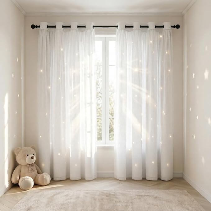 Star Cutout Curtains for Girl Bedroom/Living Room/Classroom,2 Free Tiebacks Sheer Overlay 63 Inches 2 Panel Set, Double Layer Curtains for Kids Room(W52 x L63 Inches,Greyish White 2 Pcs)