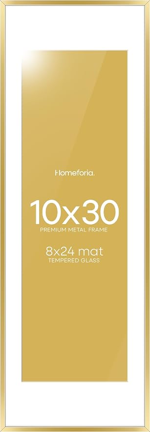 Homeforia 10x30 Picture Frame Gold, High End Metal 10x30 Poster Frames with Mat 8x24 inch Photo, 10 x 30 Gold Frames Matted to 8 by 24 Print, 30x10 Panoramic Frames, Tempered Glass, Wall Kit, Set of 3