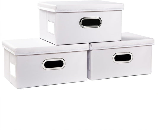 PRANDOM Collapsible Storage Box with Lid [3-Pack] Leather Fabric Foldable Storage Bin Organizer Container Basket Cube with Cover for Home Bedroom Closet Office Nursery White(13.6x9.6x6.9)
