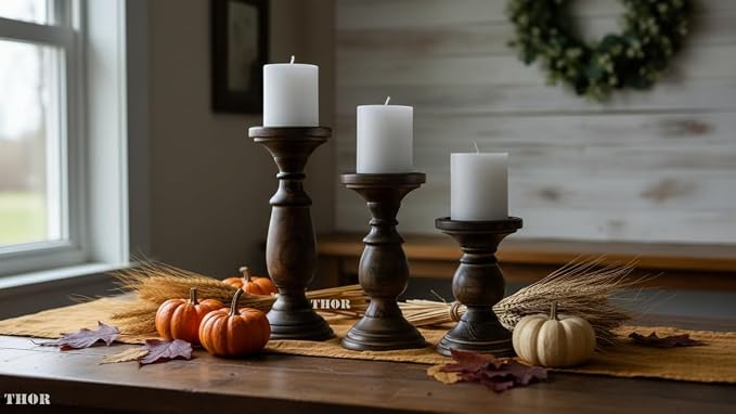 Candle Pillar Holder, Candle Holder Set of 3 Fall Wooden Candle Holder, Farmhouse Set for Table Centerpiece Home Decor-10,8,6 Inch