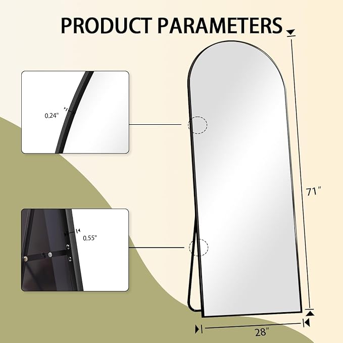 BEAUTYPEAK 71"x26" Full Length Mirror, Arch Full Body Floor Mirror, Wall Mirrors Hanging or Leaning Arched-Top with Stand for Bedroom, Dressing Room, Black
