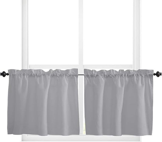 24 Inch Long Tier Curtains for Kitchen, Solid Color Gray Bathroom Window Curtains Rod Pocket Short Curtains Window Treatment Tiers for Living Room Farmhouse 2 Panels