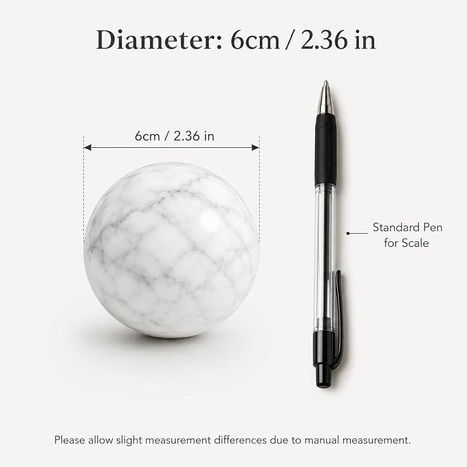 White Marble Decorative Sphere, 6cm Natural Stone Orb | 2.36 in Small Stone Bowl Filler Balls for Tray Styling, Shelf and Coffee Table Decor