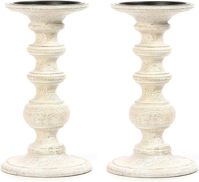 Hosley Set of 2 Antique White Wood Pillar Candle Holders 9 Inch - Wedding Centerpiece Home Decor, Spa Aromatherapy, Events, Gifts