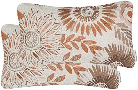 Mika Home Pack of 2 Decorative Oblong Rectangular Throw Pillow Cover Cushion Cases for Chair,Sunflower Pattern,12x20 Inches, Brown Cream