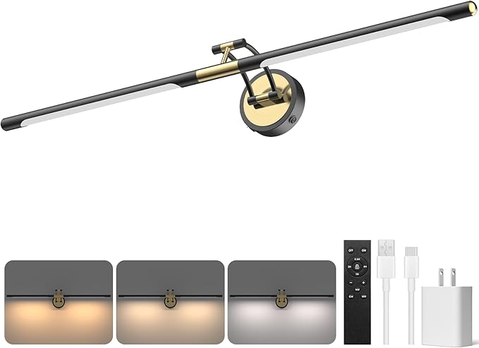 Picture Lights Battery Operated, 38inch 3CCT&Dimmable Picture Frame Light with Remote, 5200mAh Rechargeable Picture Light for Wall, Black and Gold