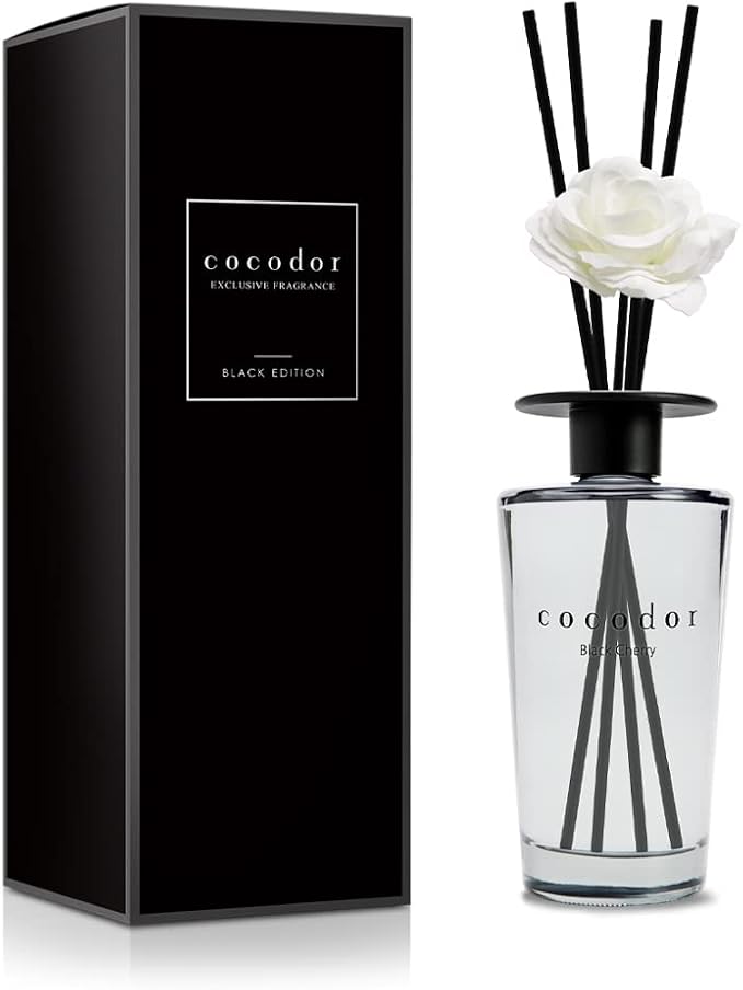 COCODOR White Flower Reed Diffuser / Black Cherry / 1 Pack / Home & Office Decor Aromatherapy Diffuser Oil Gift Set / Large Size, Large Capacity, Big Size Diffuser, Black Edition/16.9Ounce(500 ml)