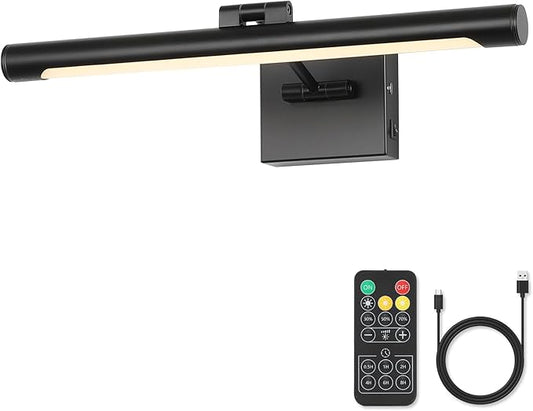 Joosenhouse Battery Operated Picture Light Rechargeable Art Light Wireless Gallery Light with Remote Control and Timed Dimmable with Single Swing Arm 16.54 Inch Warm White Black