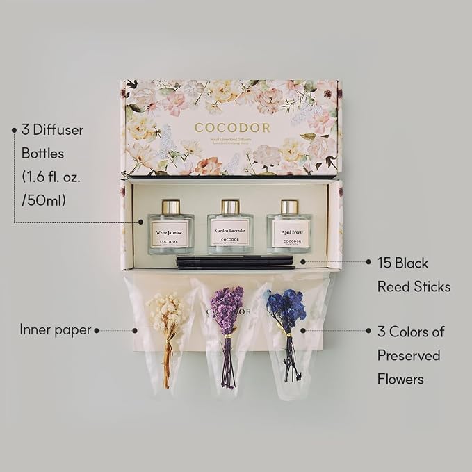 COCODOR Real Flower Reed Diffuser Set of 3/White Jasmine,Garden Lavender,April Breeze/1.6oz Each Pack/Home Fragrance Diffuser, Oil Scent Diffuser for Bathroom Shelf Decor