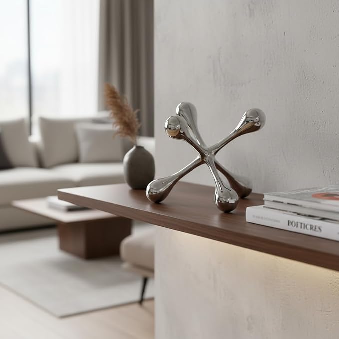 Cantillo Cast Aluminum Jack Sculpture – Modern Decorative Accent for Coffee Table, Bookshelf & Console – Mirror Polished Silver Finish – Contemporary Home Décor – Available in 3 Sizes