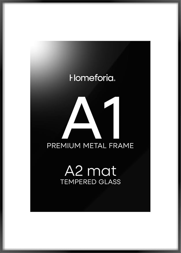 Homeforia A1 Poster Frame Black, High End Metal 23.4 x 33.1 inch Large Picture Frames with Mat 16.5 by 23.4 for Photo, A1 Size Frames Matted to A2 Print, 23.4x33.1 Thin Frame, Tempered Glass, Set of 2