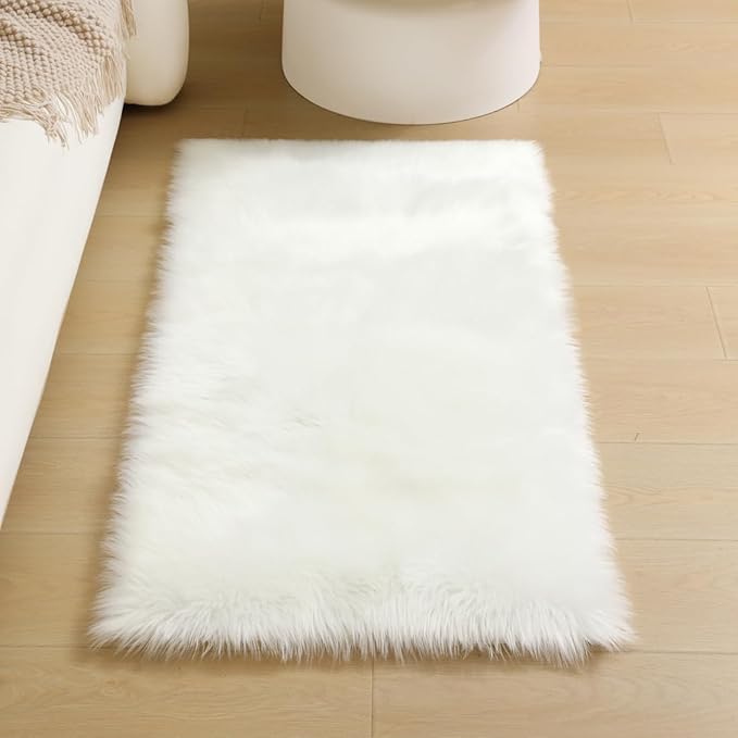 White Faux Fur Rug Fluffy Sheepskin Area Rug,2x4 Ft Ultra Soft Shaggy Plush Rug for Bedroom Bedside Living Room Nursery Kids Room