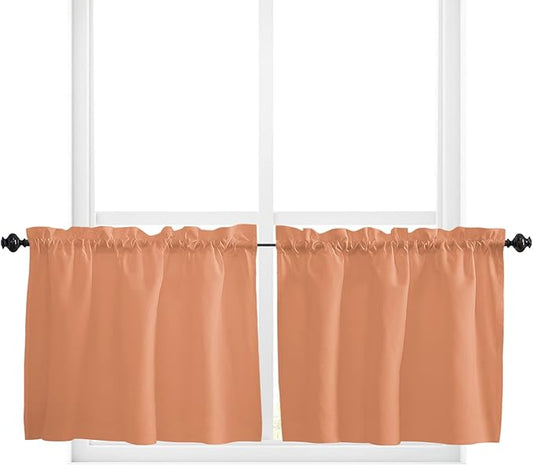 24 Inch Long Tier Curtains for Kitchen, Orange Red Bathroom Window Curtains Rod Pocket Short Curtains Window Treatment Tiers for Living Room Farmhouse 2 Panels