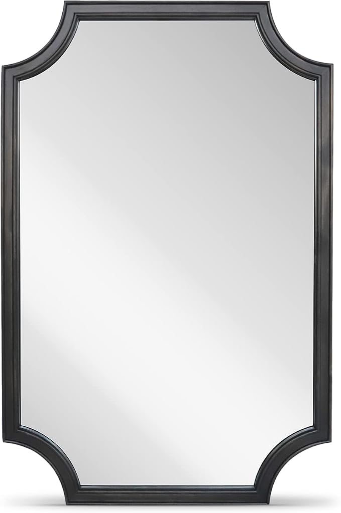 WallBeyond 24" x 36" Full Scalloped Corners Arch Rectangle Wall Mirror with Wood Frame for Entryway, Living Room or Bedroom Home Decor - Light Woodgrain [24" x 36" Black]