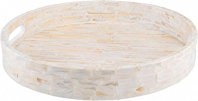 PEMAR 12.6” Decorative Round Serving Tray, Mother of Pearls Inlaid Coffee Table Tray w Insert Handles,Nacred Wooden Ottoman Tray,Bedroom Tray,Cabin Tray. Decorative Platter Basket Tray (White Pattern)