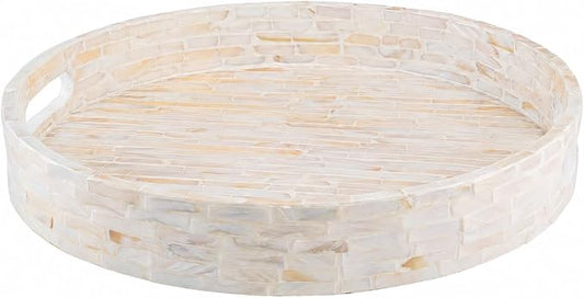 PEMAR 12.6” Decorative Round Serving Tray, Mother of Pearls Inlaid Coffee Table Tray w Insert Handles,Nacred Wooden Ottoman Tray,Bedroom Tray,Cabin Tray. Decorative Platter Basket Tray (White Pattern)