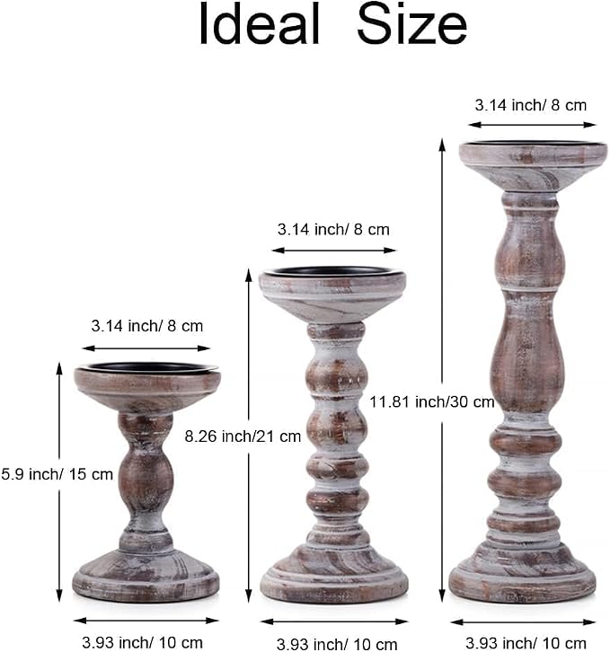 Wooden Pillar Candle Holder: Rustic Brown Candle Stand Wood Distressed Candleholders Farmhouse Fall Decor for Christmas Fireplace Mantle Dining Table Living Room Shelf Set of 3