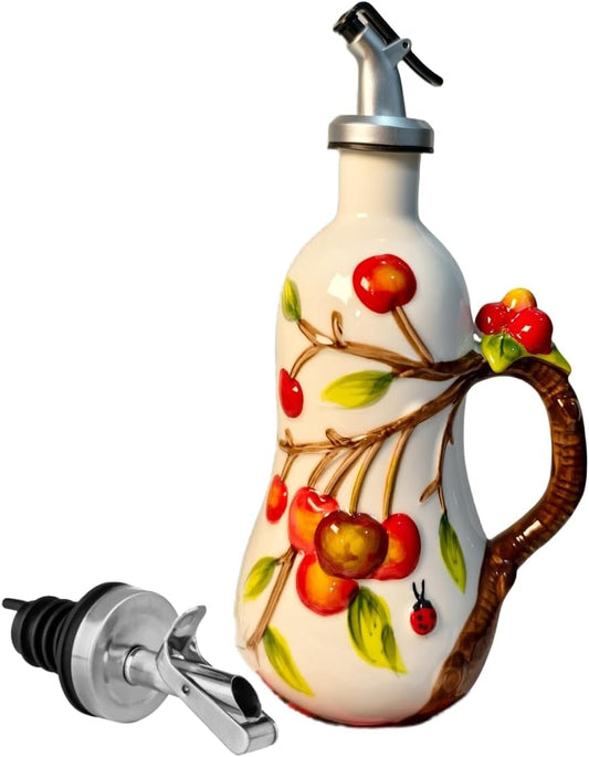 18.26oz/540ml Ceramics Olive Oil Dispenser Bottle,Hand Painted Reliefs Oil Dispenser for Kitchen,Oil Bottles for Kitchen (Cherry)