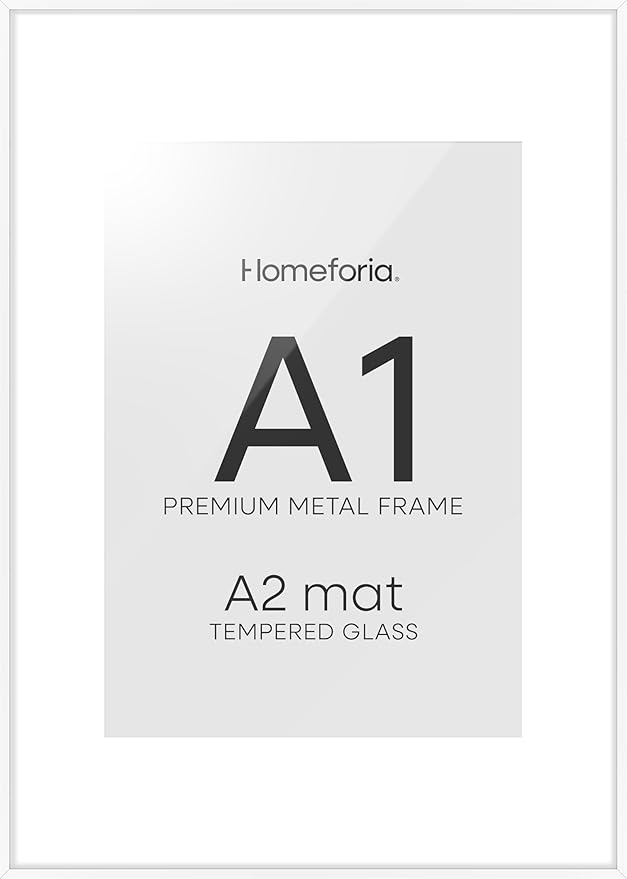 Homeforia A1 Poster Frame White, High End Metal 23.4 x 33.1 inch Large Picture Frames with Mat 16.5 by 23.4 for Photo, A1 Size Frames Matted to A2 Print, 23.4x33.1 Thin Frame, Tempered Glass, Set of 2