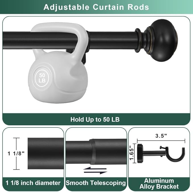 Heavy Duty Curtain Rods, 1 1/8" Diameter Curtain Rod for Window 36-72 Inch(3-6ft), Single Drapery Rods with Classic Finials and Adjustable Aluminum Alloy Brackets, Matte Black
