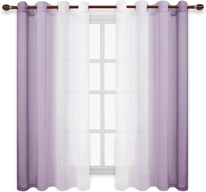 DWCN Faux Linen Ombre Sheer Curtains - Short Gradient Semi Voile for Kitchen and Living Room, Set of 2 Grommet Top Window Panels, W52 x L54 Inches, Lavender