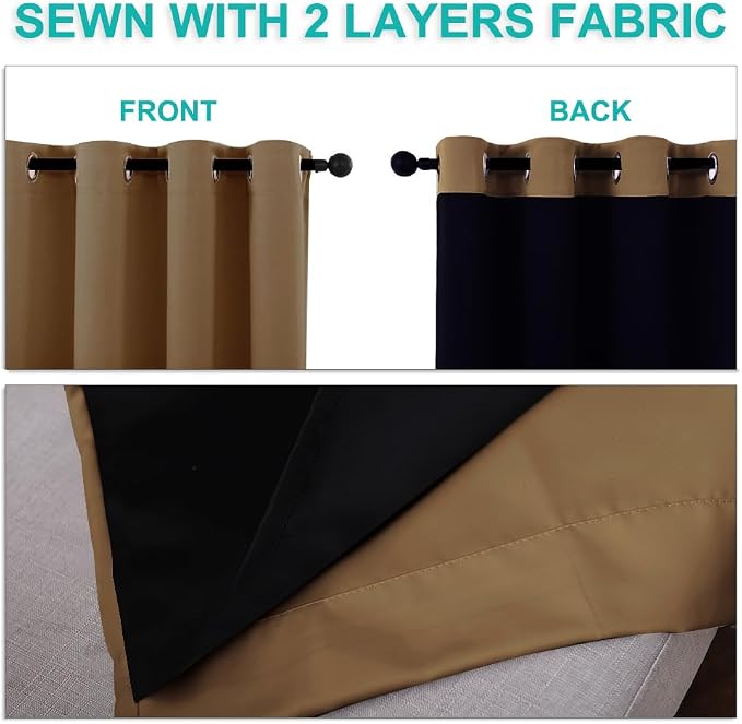 NICETOWN Full Shading Curtains 90" Long 2 Panels Set for Windows, Gold Brown, Pack of 2, 52" W, Super Heavy-Duty Black Lined Blackout Curtains for Bedroom, Privacy Assured Window Treatment
