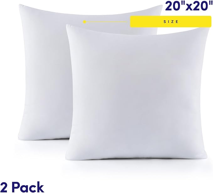 20X20 Pillow Inserts - Throw Pillow Set - Cushion Inserts for Decorative Throw Pillows Covers - Soft & Supportive Pillows for Couch, Sofa, Bed, or Chair, 2 Pack - 20" x 20"