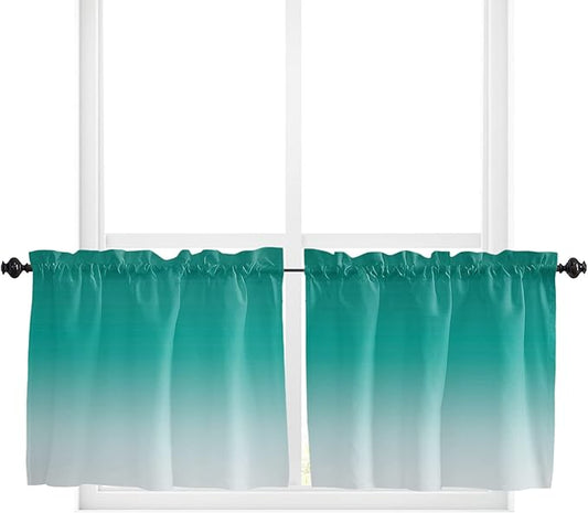 36 Inch Long Tier Curtains for Kitchen, Cyan Turquoise Gradient Bathroom Window Curtains Rod Pocket Short Curtains Window Treatment Tiers for Living Room Farmhouse 2 Panels