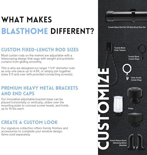BlastHome® Non-Adjustable Luxury Extra Long Curtain Rod, 1 ¼” Rod Set, 14 foot Fixed Length (Three Rods Connect for a Seamless Look), Tuxedo Black