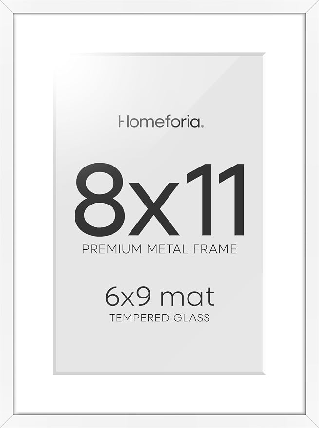 Homeforia 8x11 Picture Frame White, High End Metal 8 x 11 Poster Frames with Mat 6 by 9 for Photo, 11x8 Frame Matted to 6x9 inch Print, 8by11 Wall or Tabletop Frames, Tempered Glass, Wall Kit, Set of 2