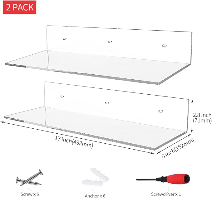 Sezanrpt 17 Inches Acrylic Wall Shelves 2 Pack, Floating Shelf for Wall Mounting, Acrylic Display Ledges for Funko Pop Figures, Home Décor, Living Room, Gaming Room, Plants(17 inch, Clear)