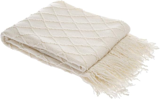BATTILO HOME Large Cream Throw Blanket with Fringe, End of Bed Throw Blankets White,Spring Throw Blanket for Couch Sofa Indoor Outdoor, 52"x80"