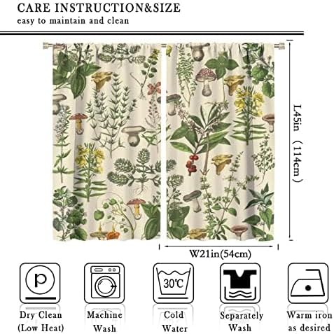 Vintage Botanical Curtains,Antique 1900s Plants Herbs Mushroom Blackout Window Drapes for Kitchen,Boho Retro Wildflower Green Leaf Ferns Farmhouse Window Treatment for Living Room 42x45 Inch