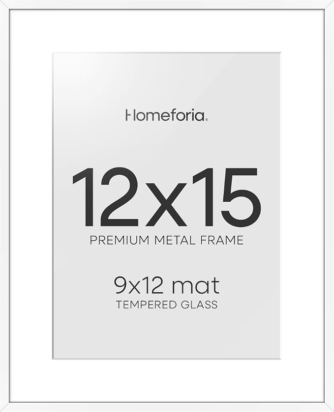 Homeforia 12x15 Picture Frame White, High End Metal 12x15 Poster Frames with Mat 9x12 for Photo, 12 x 15 White Frame Matted to 9 by 12 Print, 15x12 Thin Hanging Frame, Tempered Glass, Wall Kit, Set of 2