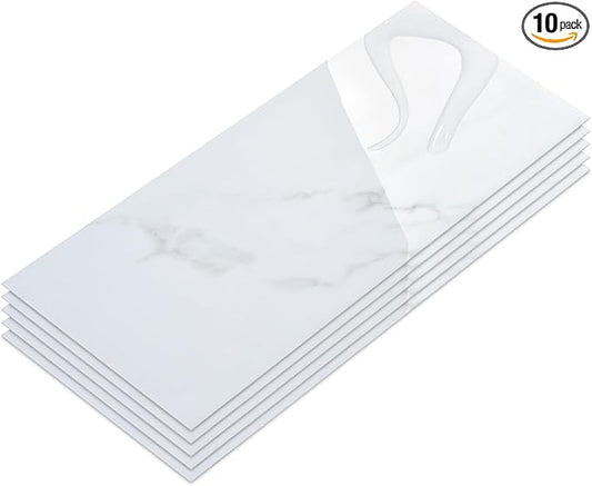 10-Sheet Subway Peel and Stick Backsplash, 12" x 24" Glossy Carrara White Acrylic Self Adhesive Waterproof Wall Stickers, Stick on Tiles for Kitchen Bathroom Shower