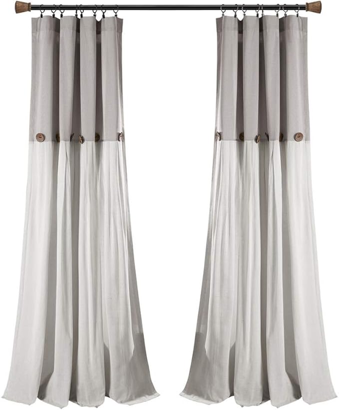 Lush Decor Linen Button Window Curtain Panel, Single, 40" W x 84" L, Gray & White - Country Curtains - Rustic Decor - Color Block Modern Farmhouse Curtains For Living Room, Bedroom & Dining Room