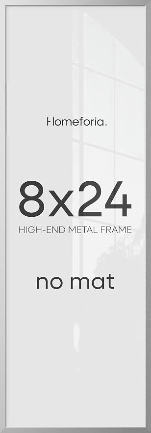 Homeforia 8x24 Panoramic Frame Silver, High End Metal 8 x 24 Picture Frames without Mat, 24x8 Hanging Silver Poster Frames for Wall, 8by24 inch Display Photo Frames, Tempered Glass, Wall Kit, Set of 1