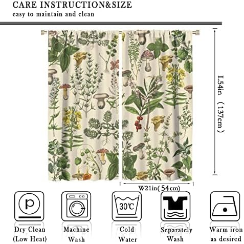 Vintage Botanical Curtains,Antique 1900s Plants Herbs Mushroom Blackout Window Drapes for Kitchen,Boho Retro Wildflower Green Leaf Ferns Farmhouse Window Treatment for Living Room 42x54 Inch