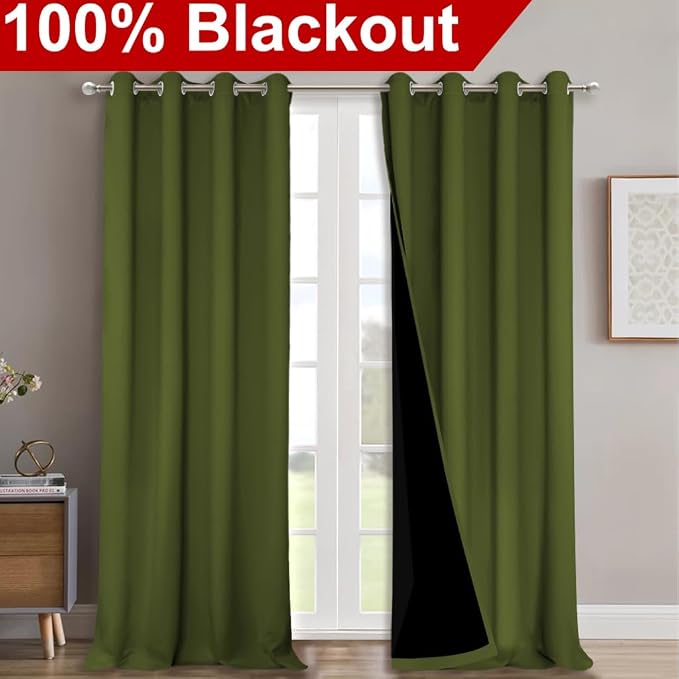 NICETOWN 100% Blackout Curtains for Windows, Pack of 2, Olive Green, 52" W x 120" L, Super Heavy-Duty Black Lined Total Darkness Drapes for Bedroom, Privacy Assured Window Treatment for Patio
