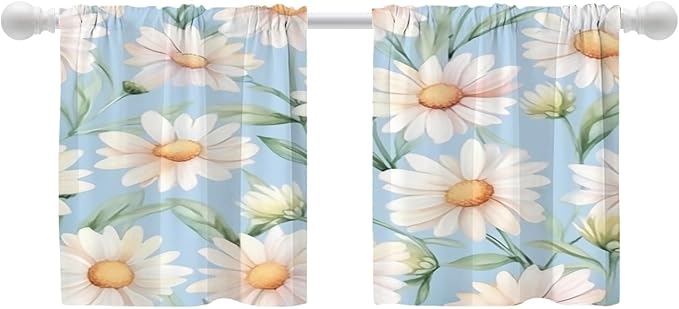 Shrahala Daisies Leaves Blackout Curtain Tiers, White Daisies On Blue Kitchen Valance Light Blocking Tier Drapes with Rod Pocket, 2 Pack 26 X 24 in