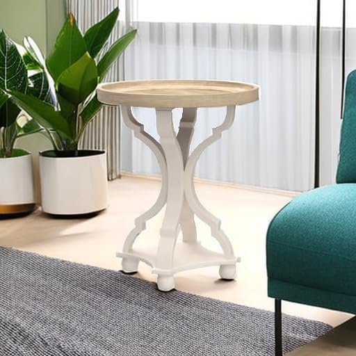 COZAYH Farmhouse Cottagecore End Table, Rustic Wood Tray Top Round Accent Table with White Curved Legs for Family Room, Living Room, or Small Spaces