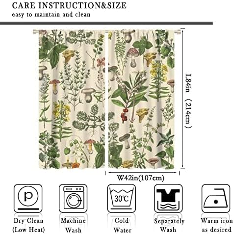 Vintage Botanical Curtains,Antique 1900s Plants Herbs Mushroom Blackout Window Drapes for Kitchen,Boho Retro Wildflower Green Leaf Ferns Farmhouse Window Treatment for Living Room 84x84in
