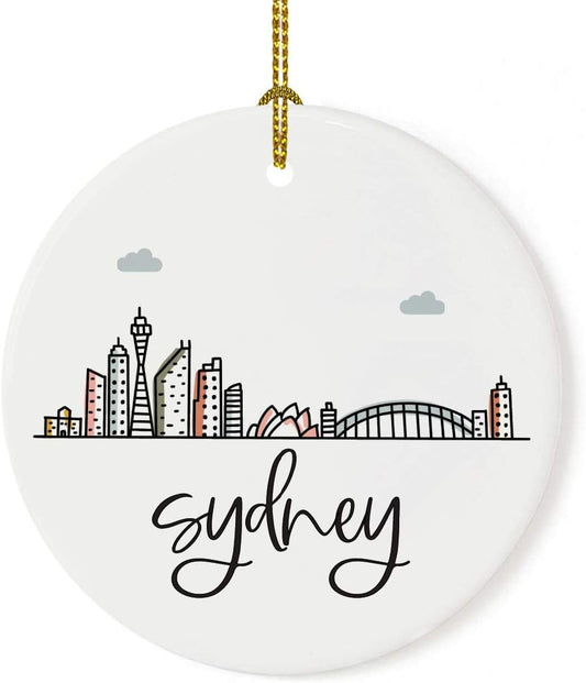 Andaz Press Round Ceramic Porcelain Christmas Tree Ornament Keepsake Gift, Sydney, Colorful International City Skyline Graphic, 1-Pack, Birthday Ideas Family Coworker Him Her, Gift Box