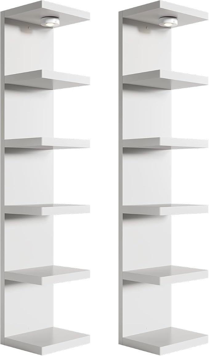 2 Pack 6-Tier Vertical Wall Shelf Unit with USB Rechargeable Led Light (Remote Controlled),Versatile Floating Display Shelves,Lack Style Wall Shelves for Bedroom,Living Room,Office Decor,Vanity-White