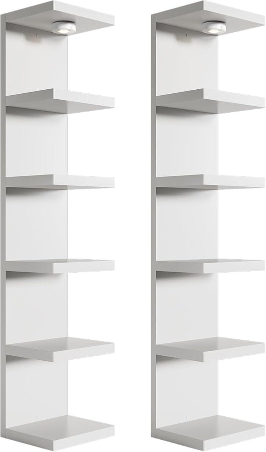 2 Pack 6-Tier Vertical Wall Shelf Unit with USB Rechargeable Led Light (Remote Controlled),Versatile Floating Display Shelves,Lack Style Wall Shelves for Bedroom,Living Room,Office Decor,Vanity-White