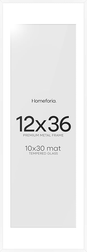 Homeforia 12x36 Picture Frame White, High End Metal 12x36 Poster Frames with Mat 10x30 inch Photo, 12 x 36 White Frames Matted to 10 by 30 Art, 36x12 Panoramic Frames, Tempered Glass, Wall Kit, Set of 2
