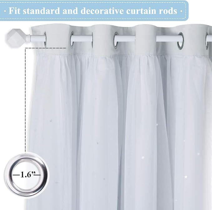 NICETOWN Thermal Insulted Bedroom Curtains, Star Cut Layered Blackout Window Treatment Curtains with Sheer for Thanksgiving (Greyish White, 52W by 95L, 1 Pair)